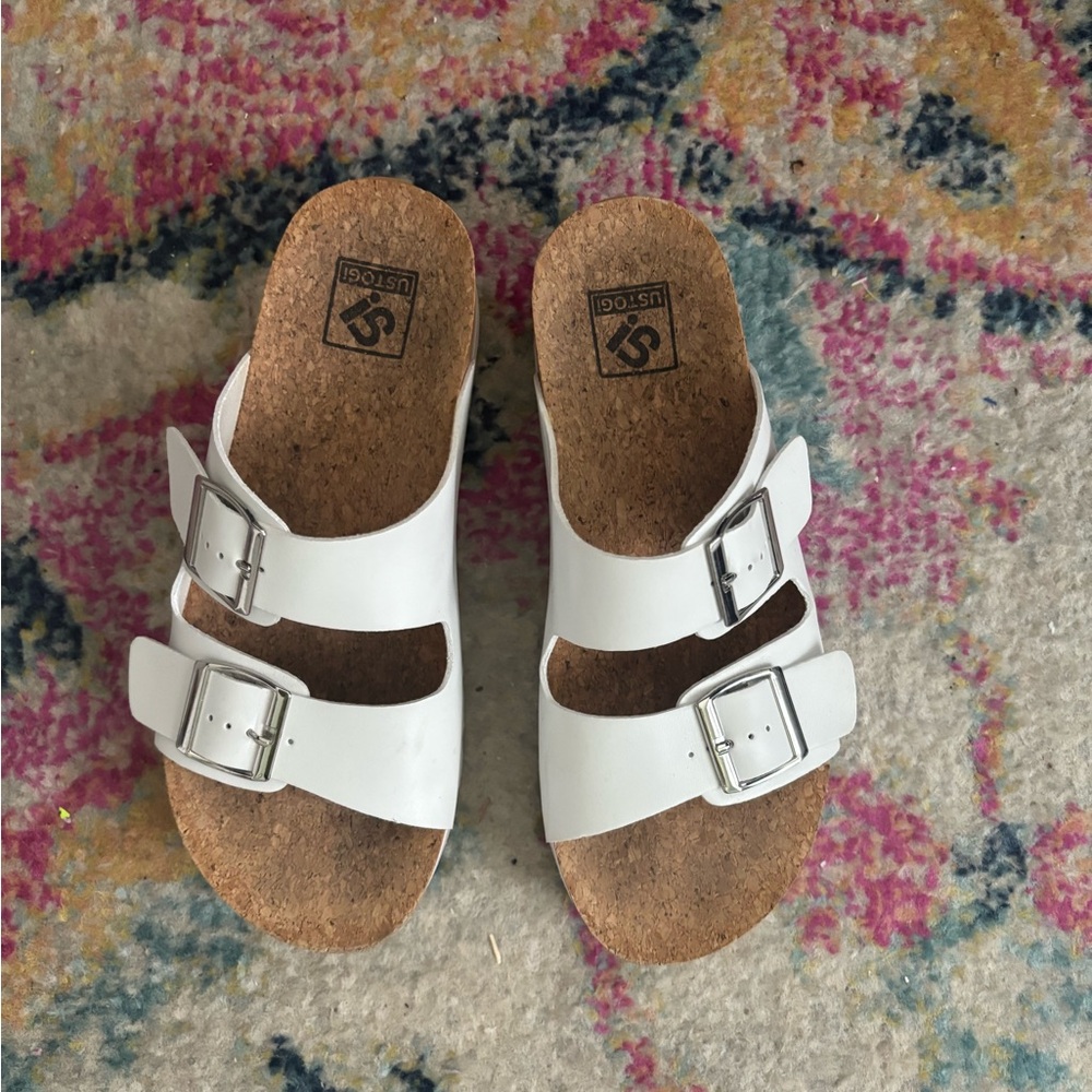 White Double Strap Sandals with Buckles